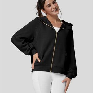 Halara Hooded Raglan Bishop Sleeve Zipper Kangaroo Pocket Casual Sweatshirt
